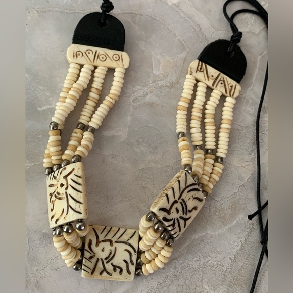 Hand Crafted Bone Beaded Choker Necklace with Elephant Graphic - Picture 5 of 7